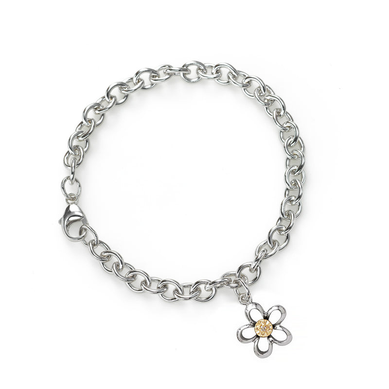 Open Daisy Charm Bracelet, Sterling Silver and 14K Yellow Gold