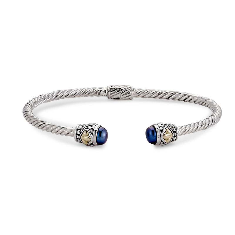 Rope Design Cuff with Blue Cultured Pearl Ends, Sterling Silver