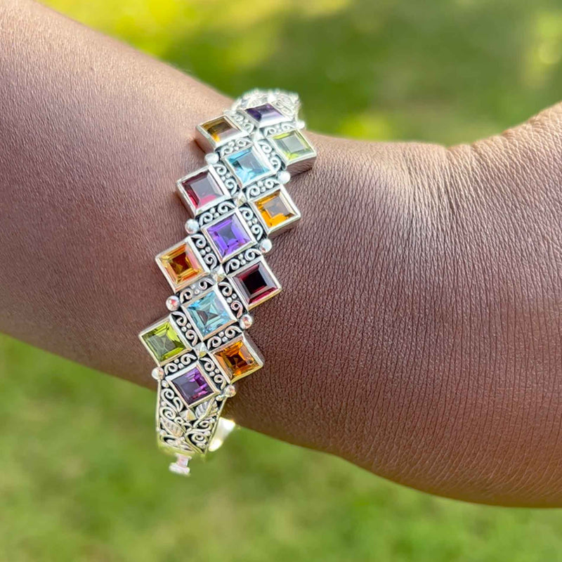 Multi Gemstone Bangle Bracelet, Sterling Silver