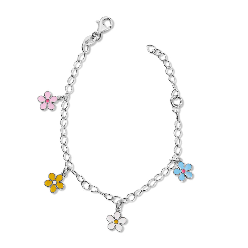 Enamel Daisy Charm Bracelet, 6.5 Inches, Sterling Silver