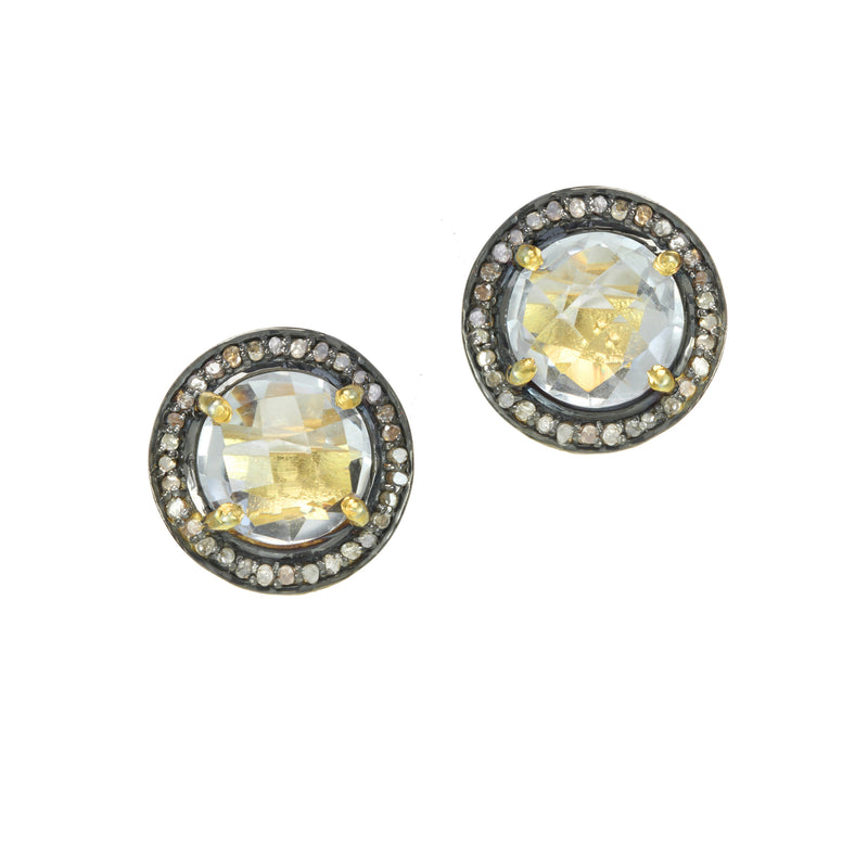 Faceted Crystal Quartz and Diamond Earrings, Blackened Sterling Silver