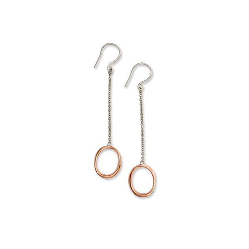 Two Tone Oval Loop Dangle Earrings, Sterling Silver and Rose Gold Plating