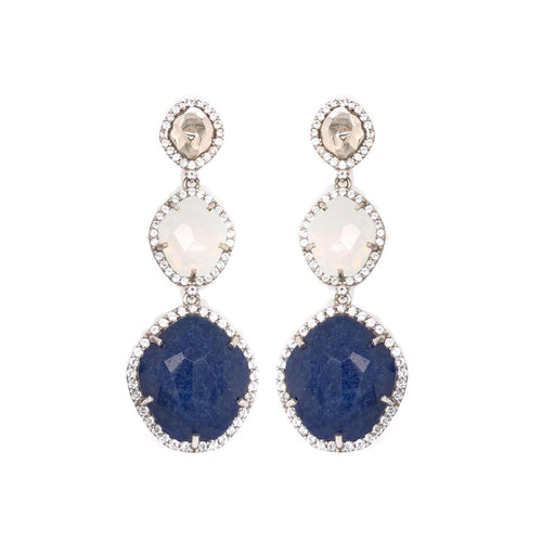White And Navy Quartz Dangle Earrings, Sterling Silver and Vermeil