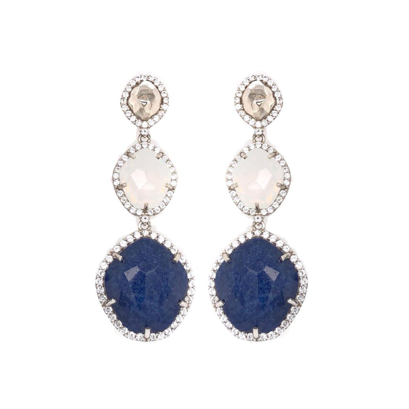 White And Navy Quartz Dangle Earrings, Sterling Silver and Vermeil