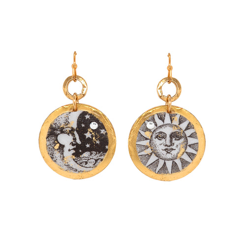 'Sun and Moon' Enamel Disc Earrings, Gold Leaf, by Evocateur