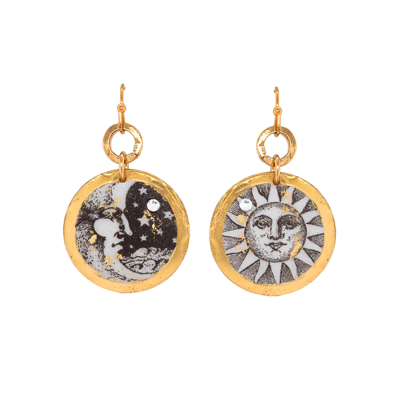 'Sun and Moon' Enamel Disc Earrings, Gold Leaf, by Evocateur