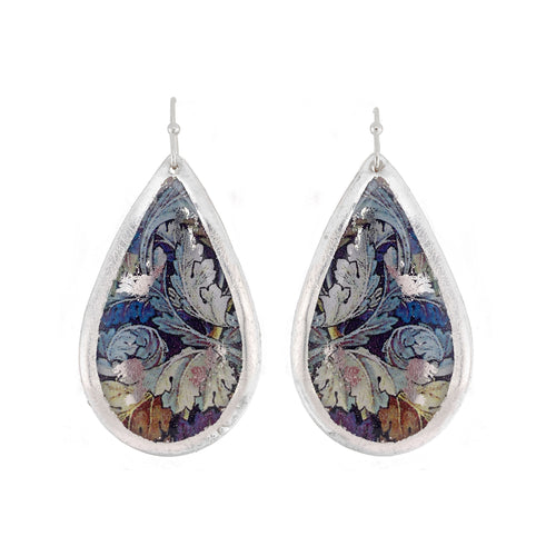 'William Morris Leaves' Enamel Dangle Earrings, Silver Leaf, by Evocateur