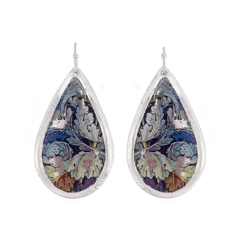 'William Morris Leaves' Enamel Dangle Earrings, Silver Leaf, by Evocateur