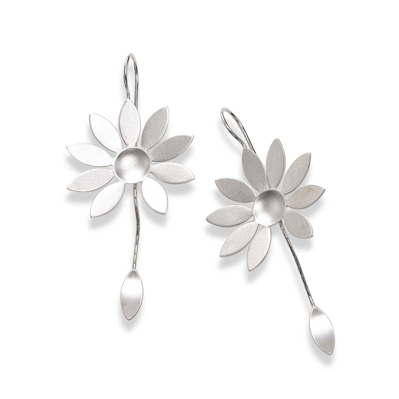 Large Daisy Flower Dangle Earrings, Sterling Silver