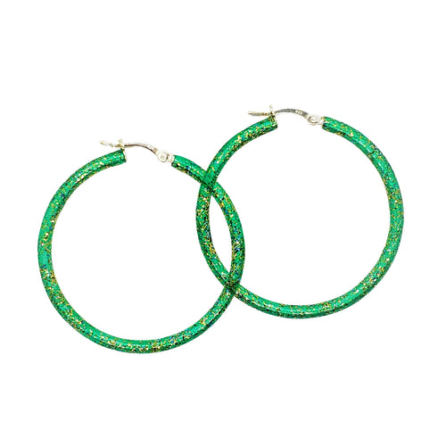 "Emerald" Glitter Enamel Hoops, Sterling Silver
