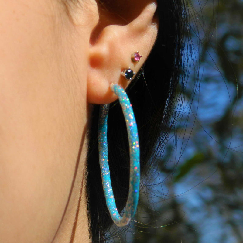 "Tanzanite" Glitter Enamel Hoops, Sterling Silver