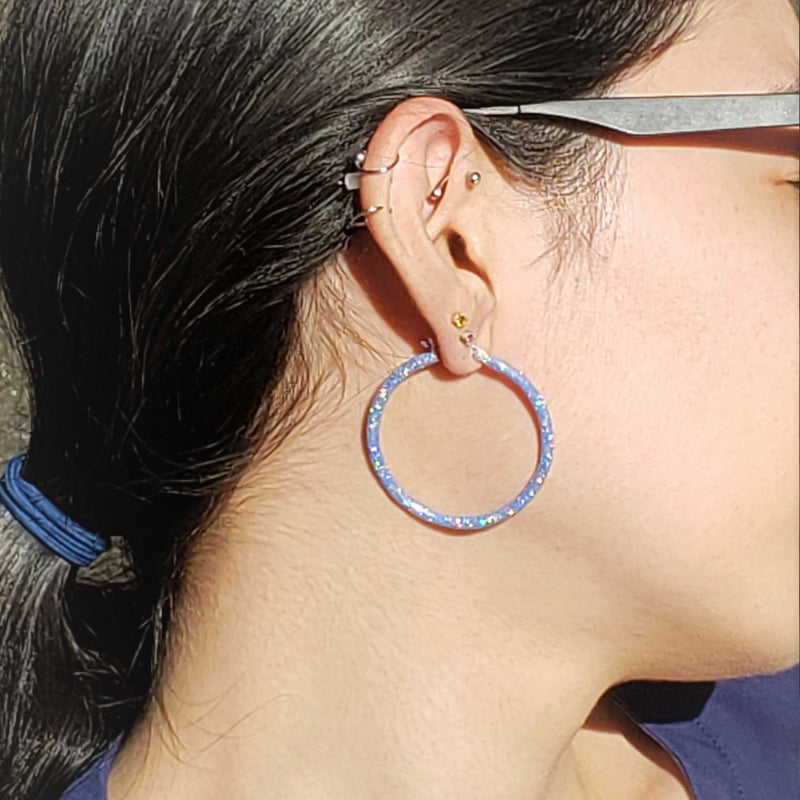 "Tanzanite" Glitter Enamel Hoops, Sterling Silver