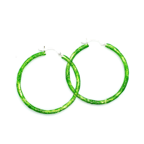 "Neon Green" Glitter Enamel Hoops, Sterling Silver