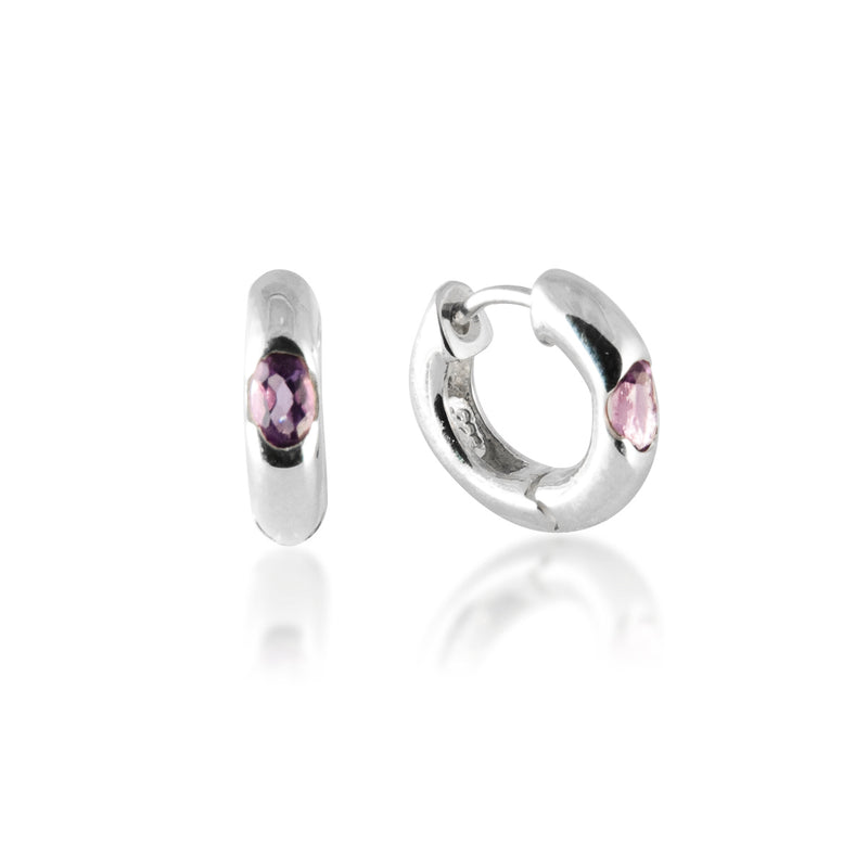 Amethyst Huggie Hoop Earrings, Sterling Silver