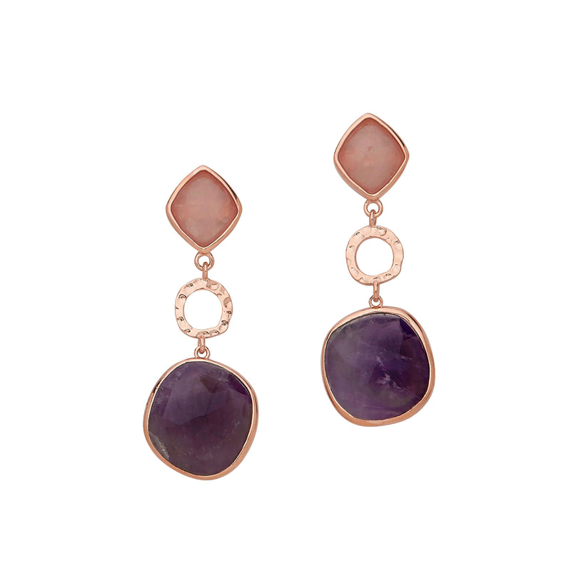 Amethyst and Peach Quartz Dangle Earrings, Sterling with Rose Gold Plating