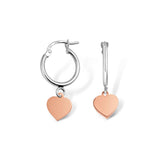 Heart Dangle Hoop Earrings, Sterling Silver and Rose Gold Plating