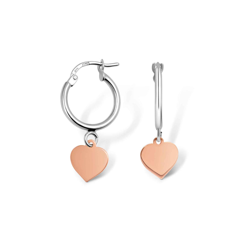 Heart Dangle Hoop Earrings, Sterling Silver and Rose Gold Plating