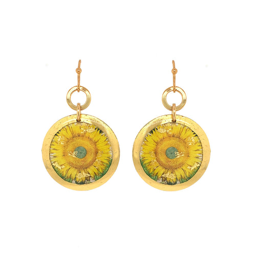 'Sunflower' Enamel Dangle Earrings, Gold Leaf, by Evocateur