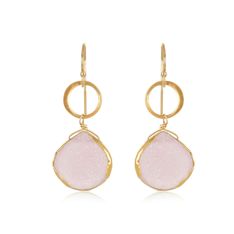 Light Pink Druzy Dangle Earrings, Yellow Gold Plating