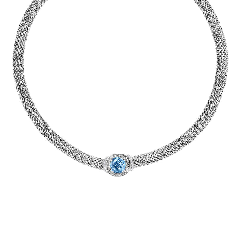Blue Topaz and Diamond Mesh Necklace, Sterling Silver