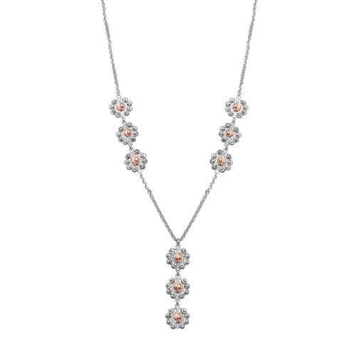 Two Tone Daisy Lariat Style Necklace, Sterling with 18K Rose Gold Plating