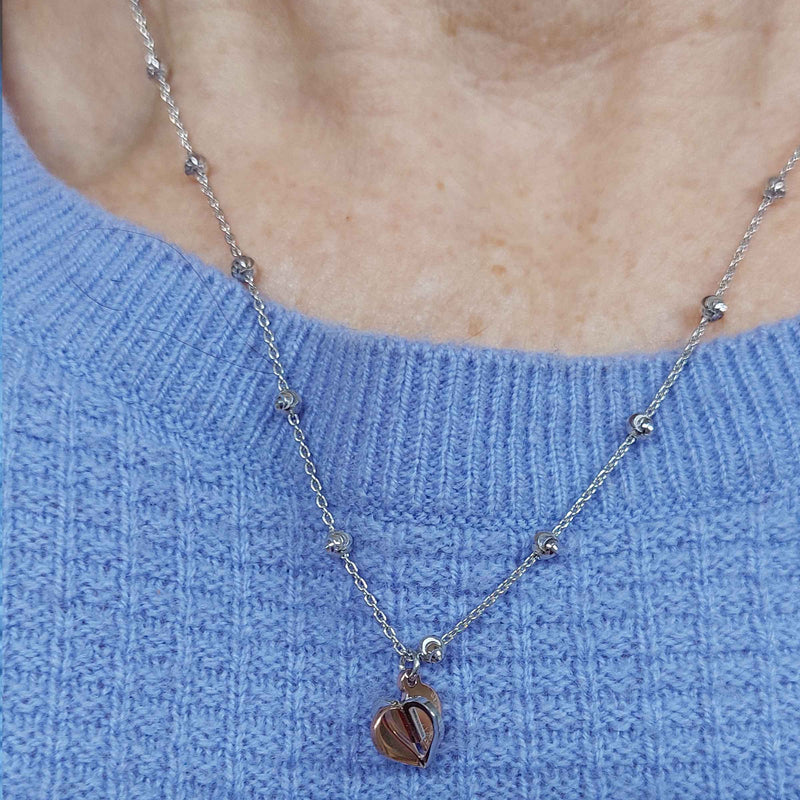 Two Tone Open Heart Dangle Necklace, Sterling Silver and 18K Rose Gold