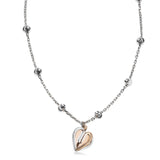 Two Tone Open Heart Dangle Necklace, Sterling Silver and 18K Rose Gold