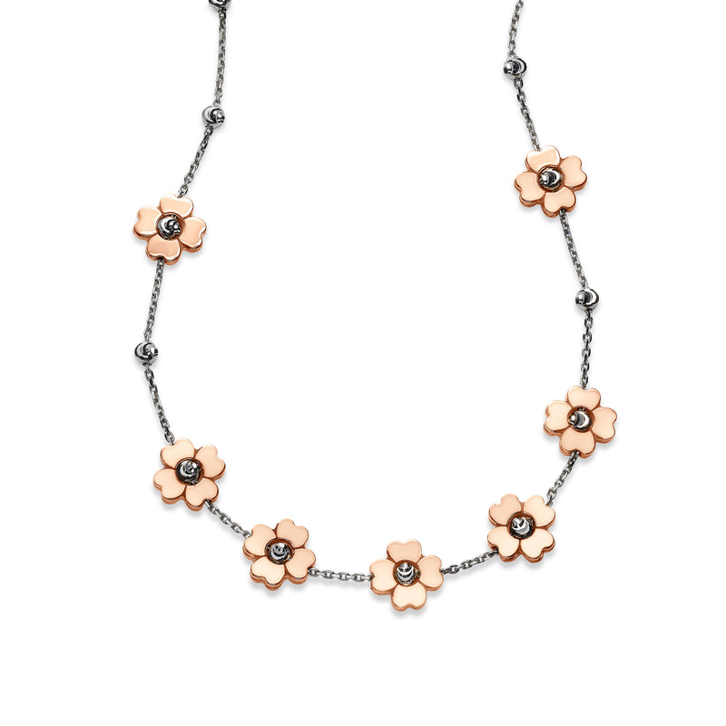 Rose Color 7 Flower Station Necklace, Sterling with 18K Rose Gold Plating