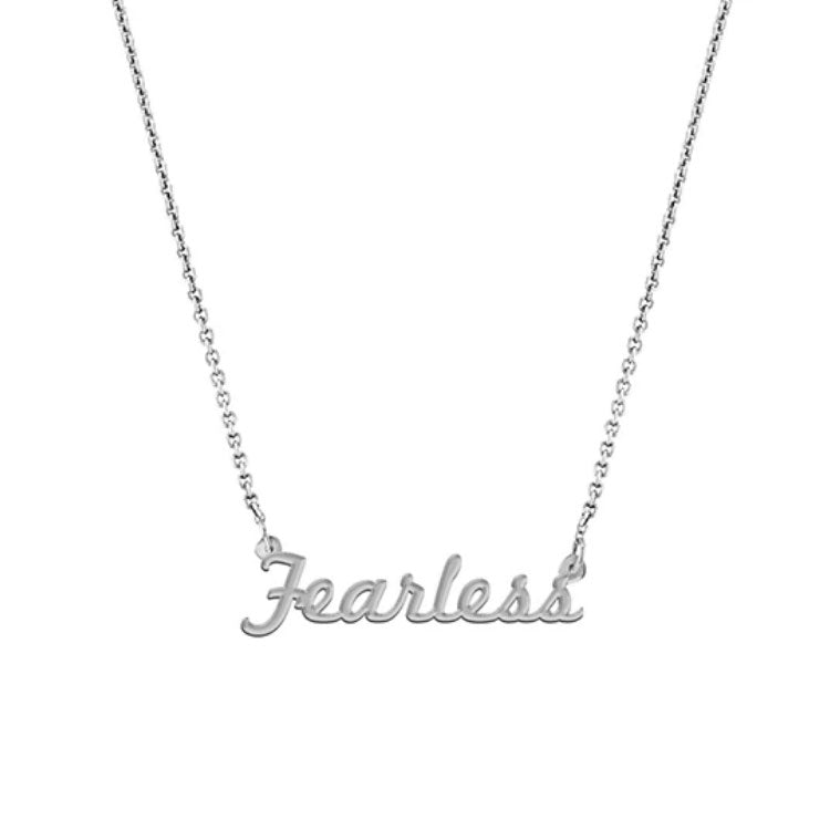 "Fearless" Script Necklace, White Gold Plated