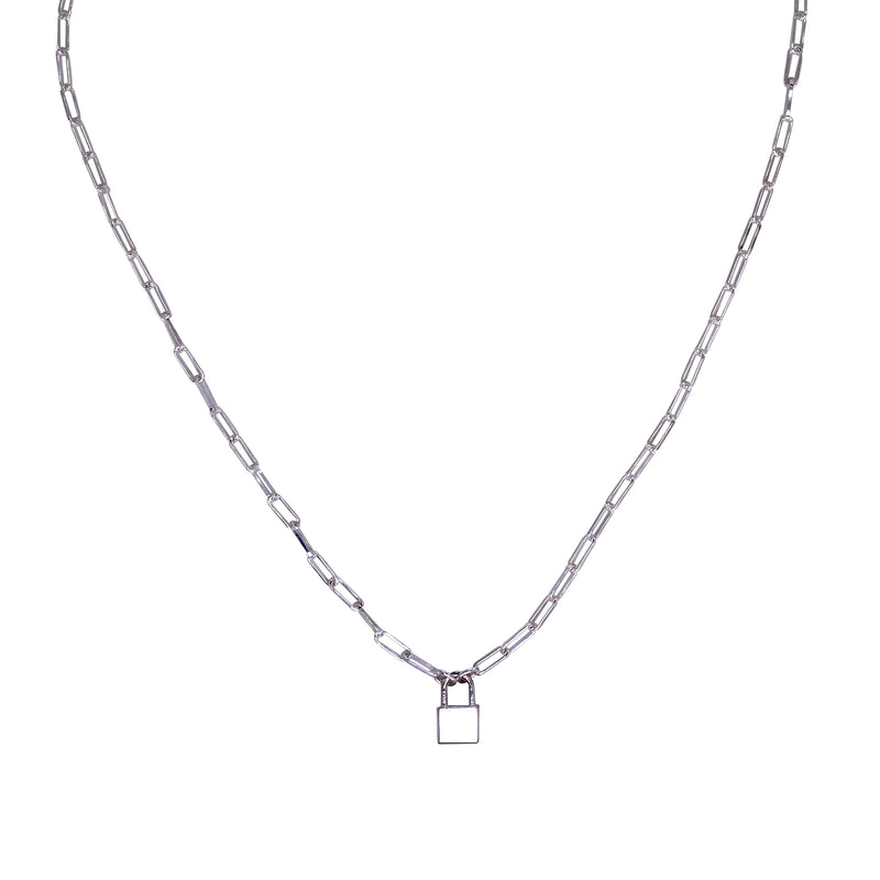 Paperclip Chain with Lock, Sterling Silver