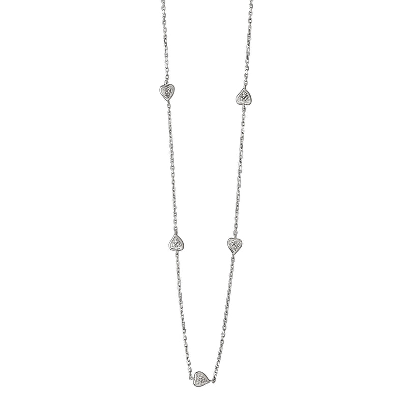 Diamond Hearts Station Necklace, 36 Inches, Sterling Silver