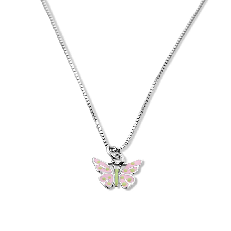 Pink and Green Enamel Butterfly Pendant, Sterling Silver