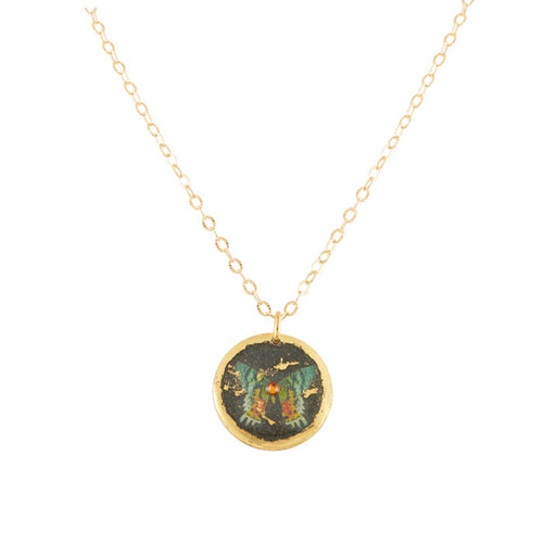 'Green Butterfly' Disc Enamel Pendant, Gold Leaf, by Evocateur