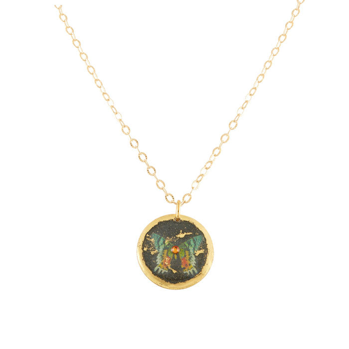 'Green Butterfly' Disc Enamel Pendant, Gold Leaf, by Evocateur