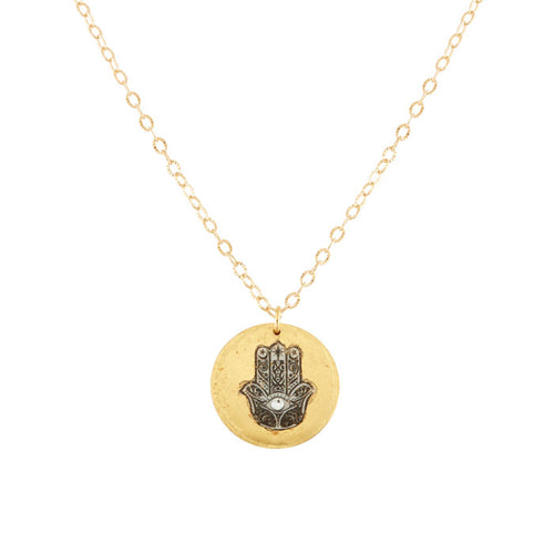 'Hamsa' Disc Enamel Pendant, Gold Leaf, by Evocateur