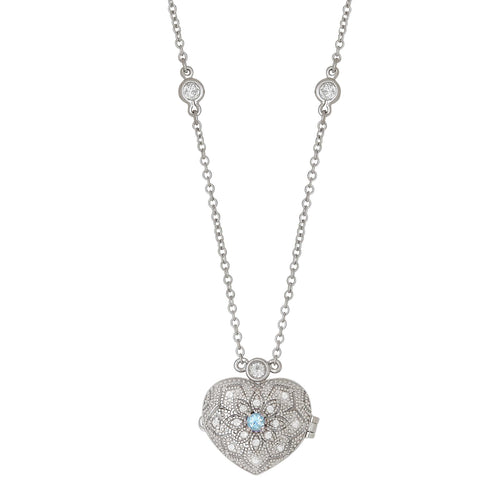 Aquamarine Center Heart Locket, Sterling Silver