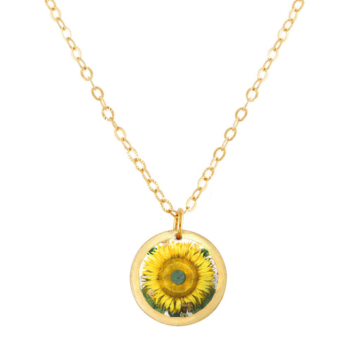 'Sunflower' Mini Disc Enamel Pendant, Gold Leaf, by Evocateur