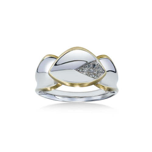 Two Tone Leaf Shape Ring, Sterling Silver with 14K Gold Plating