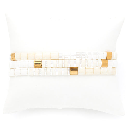 White and Golden Ceramic Tile Stretch Bracelets, Set of 3