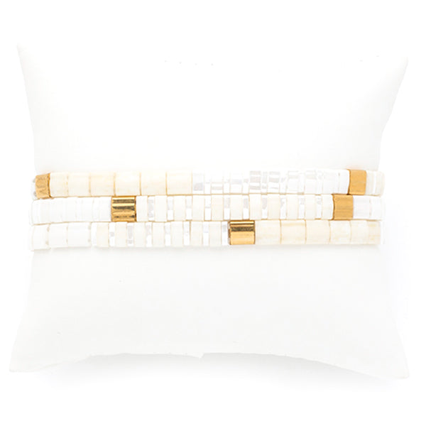 White and Golden Ceramic Tile Stretch Bracelets, Set of 3