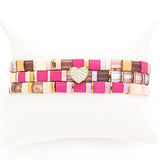 Hot Pink and Brown Ceramic Tile Stretch Bracelets with Heart Charm, Set of 3