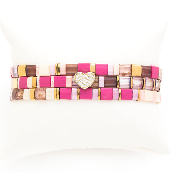 Hot Pink and Brown Ceramic Tile Stretch Bracelets with Heart Charm, Set of 3
