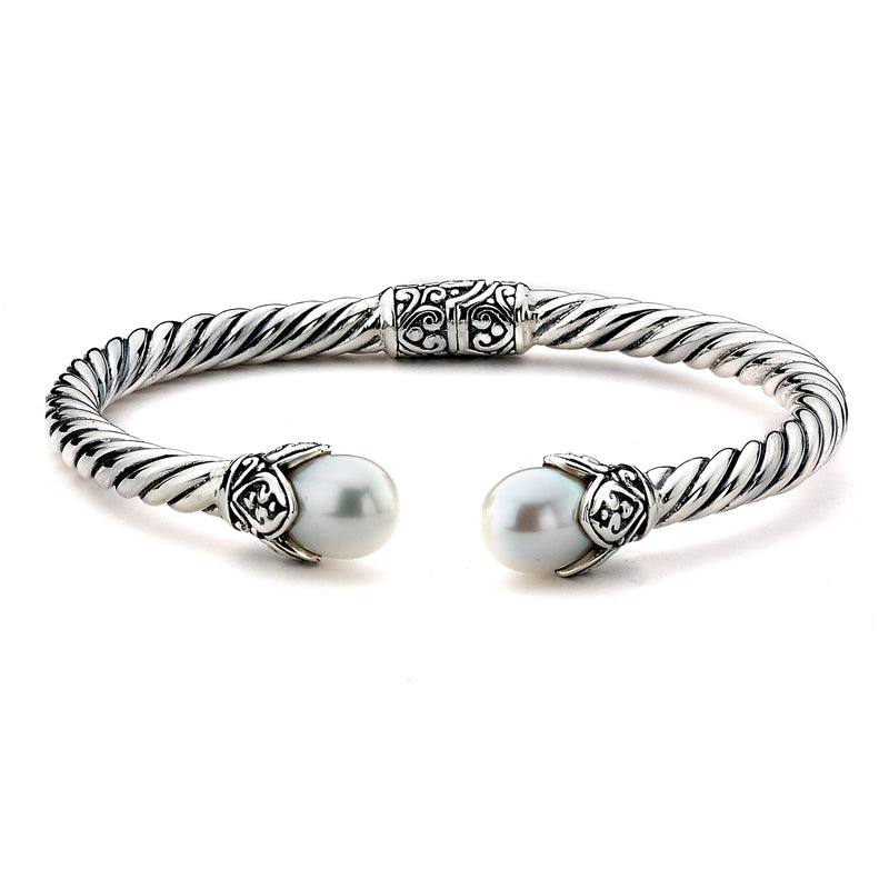 Hinged Rope Cuff with Freshwater Cultured Pearl Ends, Sterling Silver