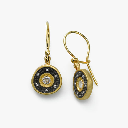 White Topaz Organic Circle Diamond Dangle Earring, 14K Yellow Blackened Gold
