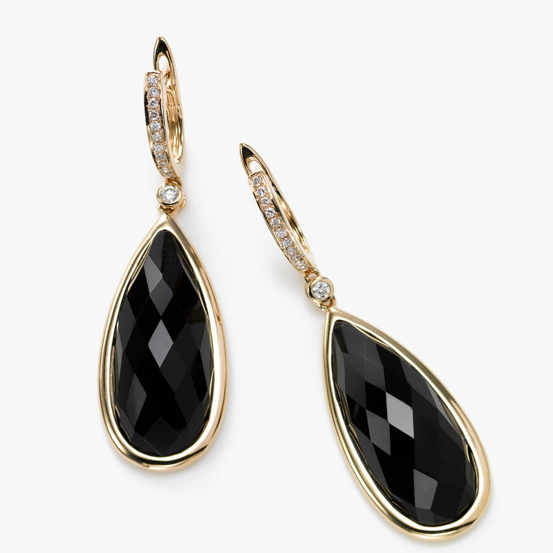 Pear Shape Onyx Earrings with Diamond Accent, 14K Yellow Gold
