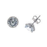 Round Aquamarine And Diamond Halo Earrings, 14K White Gold