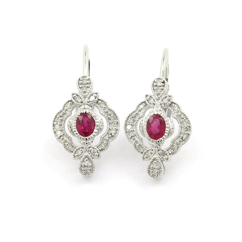 Vintage Style Ruby and Diamond Earrings, 14K White Gold
