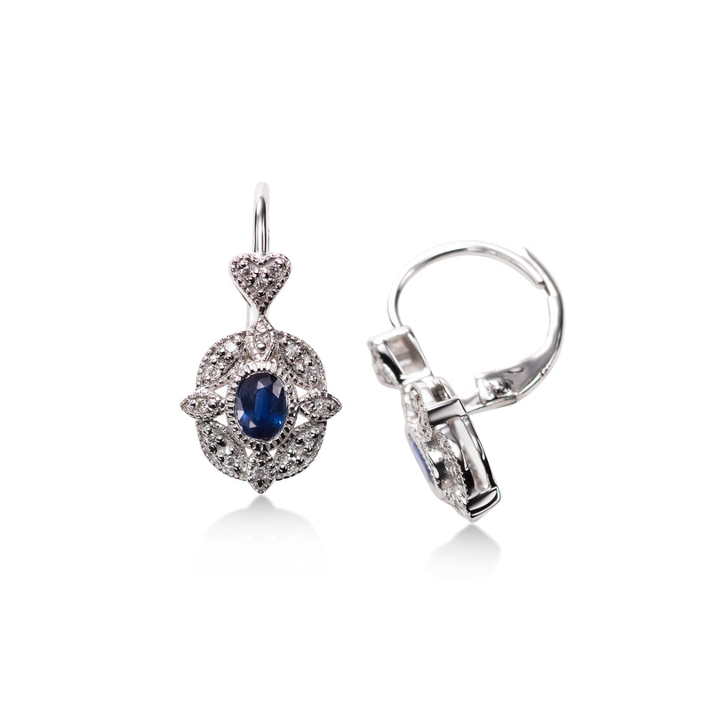Oval Blue Sapphire and Diamond Filigree Earrings, 14K White Gold