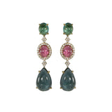 Green and Pink Tourmaline Dangle Earrings, 18K Yellow Gold