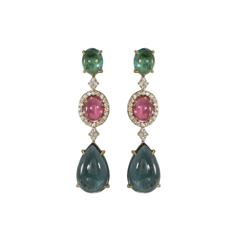 Green and Pink Tourmaline Dangle Earrings, 18K Yellow Gold